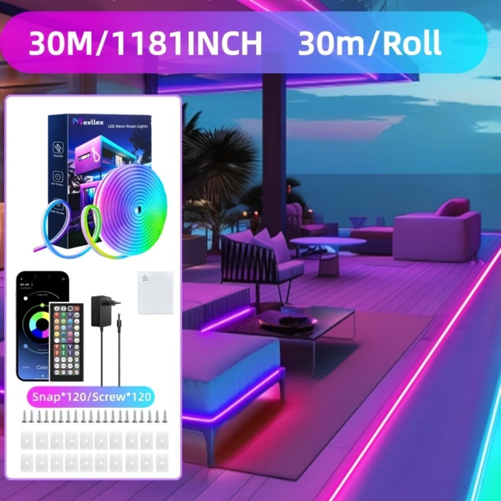 Tira de luz LED neón flexible multicolor inteligente de 5M/10M/15M/20M/30M - Tira LED RGB con APP y control remoto, sincronización de música, luces de cuerda flexibles para dormitorio, fiesta, decoración, uso en interiores y exteriores