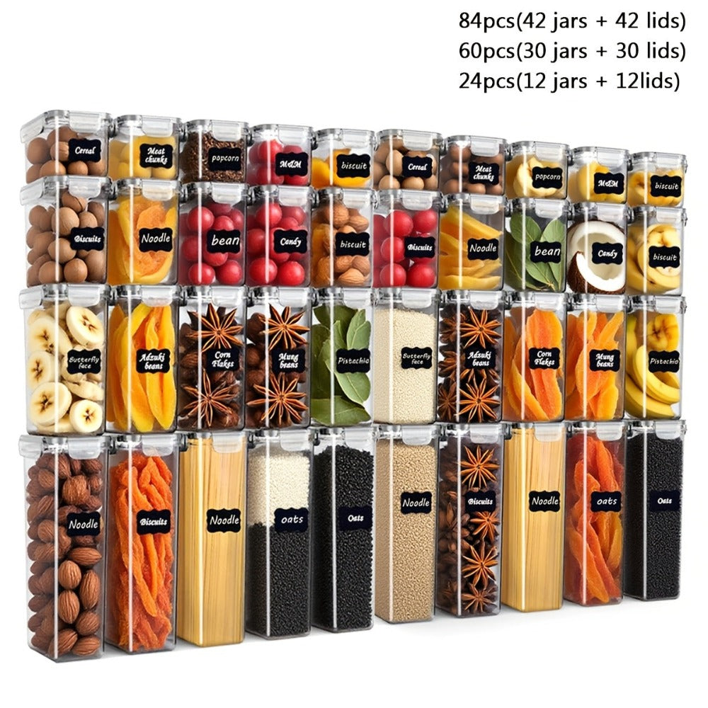 Juego de 60/24 piezas de recipientes herméticos para almacenar alimentos, caja de almacenamiento de alimentos, lata de plástico para productos secos, adecuado para organizar y almacenar en cocinas y despensas, muy adecuado para granos, etiquetado, accesor