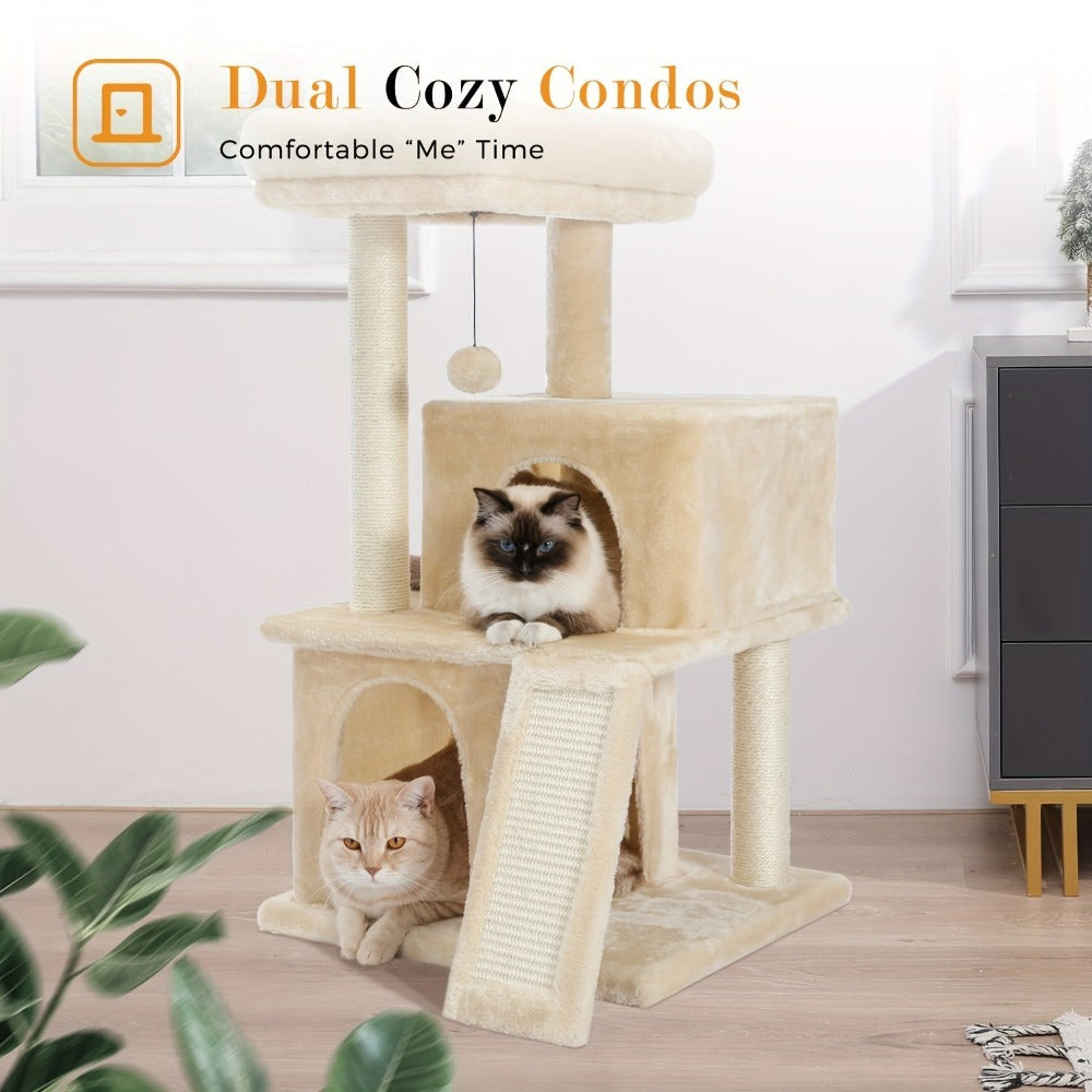 Árbol para Gatos Deluxe Pawz Road con Poste Rascador de Cuerda de Sisal - Condominio Multinivel de Peluche y Casa de Juegos, Muebles Duraderos para Gatos Pequeños a Medianos, Incluye Bolas Colgantes y de Pie, Muebles para Gatos