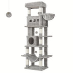 Torre para gatos de interior, 170 cm de alto, casa espaciosa de varios niveles con condominio, 8 postes para rascar, una hamaca y 4 pompones