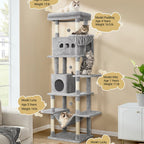 Rascador grande, árbol para gatos de 210 cm, con 8 postes rascadores, posadero, 2 cuevas, tapete lavable, hamaca, pelotas de felpa, rascador de varios pisos para gatos grandes, gris claro, gris oscuro