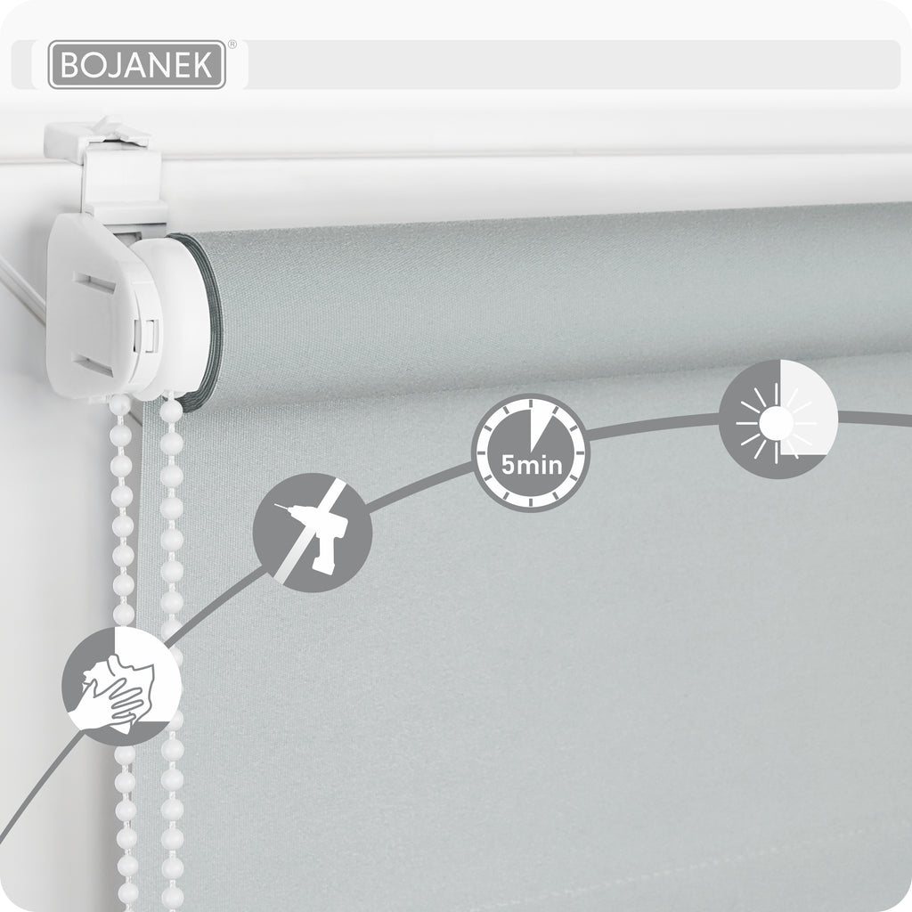 Persiana Enrollable para Ventana • BLANCA • 32 Tamaños • BOJANEK MINI ROLLER BLIND • Soportes Ajustables • Instalación sin Taladro en la Ventana • Persiana Enrollable con Mecanismo de Cadena • Cubierta de Ventana Protectora contra el Sol • Ideal para Saló