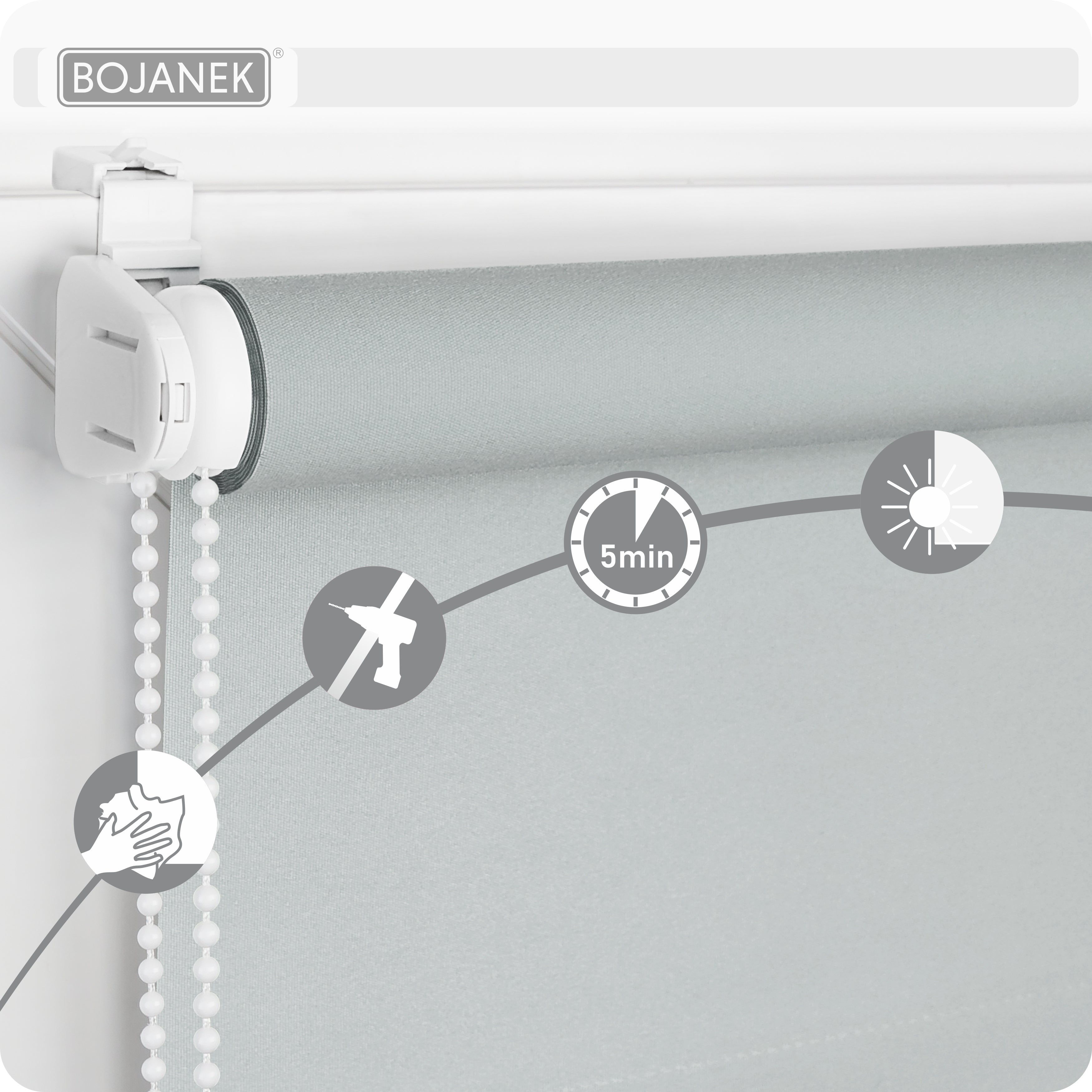 Persiana Enrollable para Ventana • BLANCA • 32 Tamaños • BOJANEK MINI ROLLER BLIND • Soportes Ajustables • Instalación sin Taladro en la Ventana • Persiana Enrollable con Mecanismo de Cadena • Cubierta de Ventana Protectora contra el Sol • Ideal para Saló