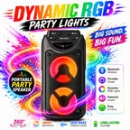 Altavoz inalámbrico portátil para fiestas con altavoces duales de 3 pulgadas, bajos profundos potentes, radio FM, luces ambientales LED y micrófono incorporado, altavoz de exterior de alto volumen para fiestas de verano, barbacoas en el jardín, camping, v