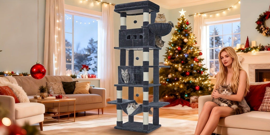 Árbol para gatos extra alto de 210 cm con 8 postes rascadores y 2 cuevas - Muebles para gatos de múltiples niveles de alta resistencia, tapete lavable, hamaca y pelotas de felpa - Torre para gatos grande con base resistente