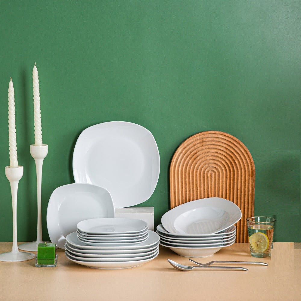 Juego de platos de 18 piezas con 6 platos de cena/plato de sopa/plato de postre, juego de vajilla de porcelana blanca gris claro para 6 personas