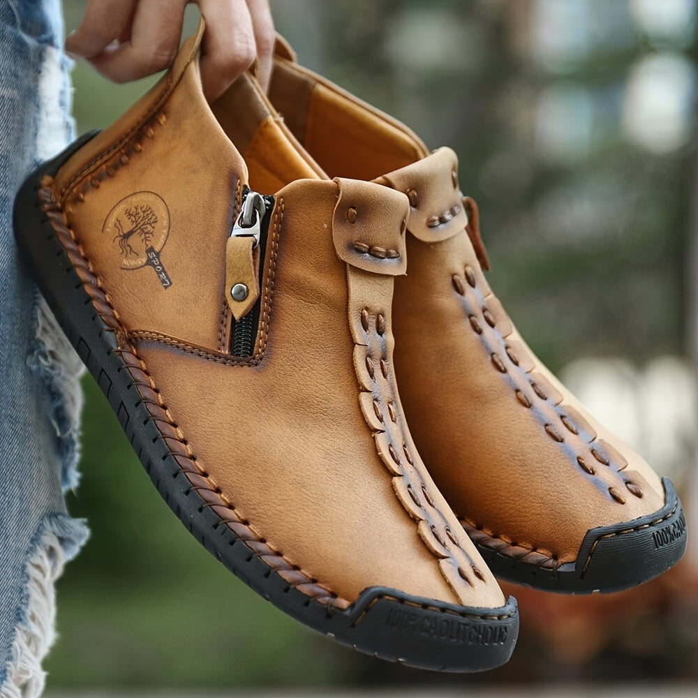 Botas de hombre con cremallera de costura, estilo vintage, suela de goma, zapatos de exterior tipo mocasín