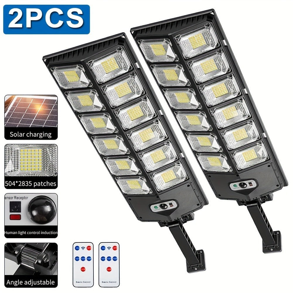 Luz de calle solar con sensor de movimiento y mando a distancia de 504 LED, luz solar de jardín con 3 modos de iluminación, reflector de seguridad de gran angular de 270°, luz de patio exterior de doble hilera superbrillante, para emergencias en calles co