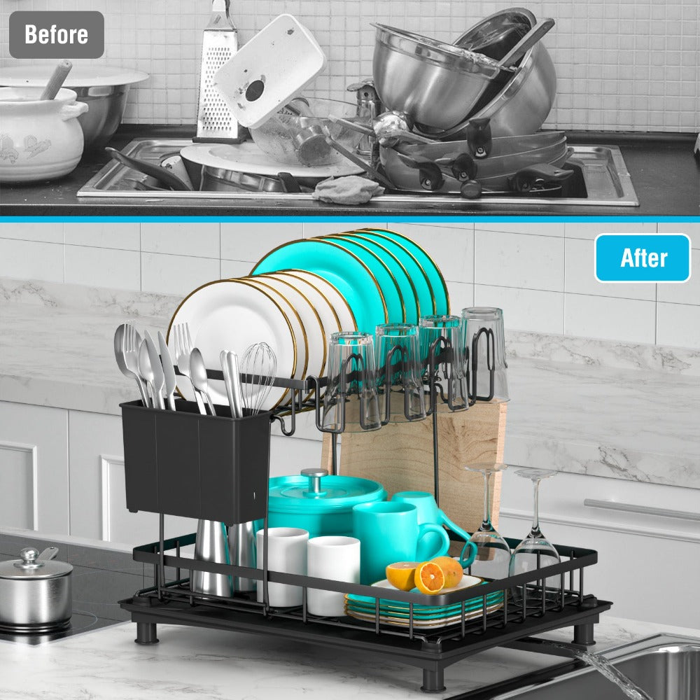 Escurridor de Platos, Escurridor de Cocina de Doble Capa con Bandeja de Drenaje, Escurridor con Organizador de Cubiertos y Tabla de Cortar, Regalo Perfecto para Mujeres, Esposa, Día de la Madre, Accesorio de Cocina product image