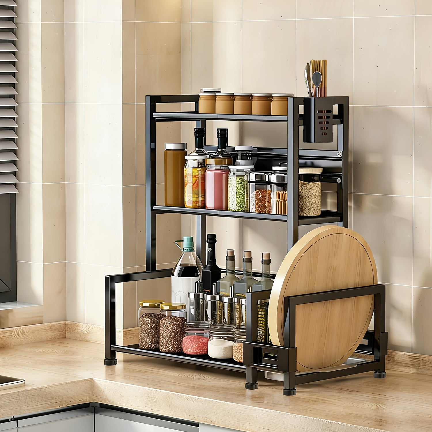 Especiero de pie, 3 niveles, frascos de especias de gran capacidad, estante de cocina, organizador de metal para almacenamiento en encimera con soporte para utensilios, soporte para tabla de cortar, con 6 ganchos, variant image