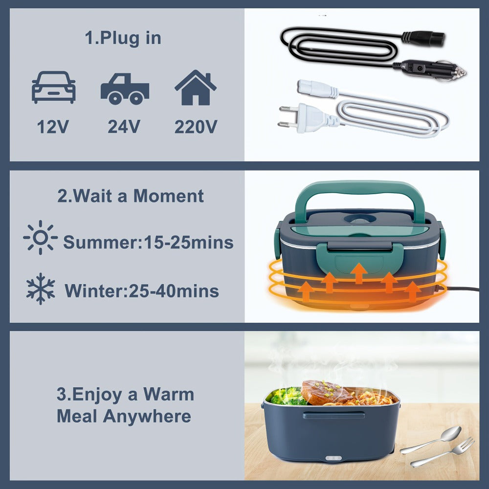 Esta lonchera cuenta con una potencia de 80W y una capacidad de 1.8 litros, lo que la hace ideal para comidas de adultos. Es una lonchera térmica portátil diseñada para calentar alimentos en cualquier lugar. Incluye una bolsa térmica y un j