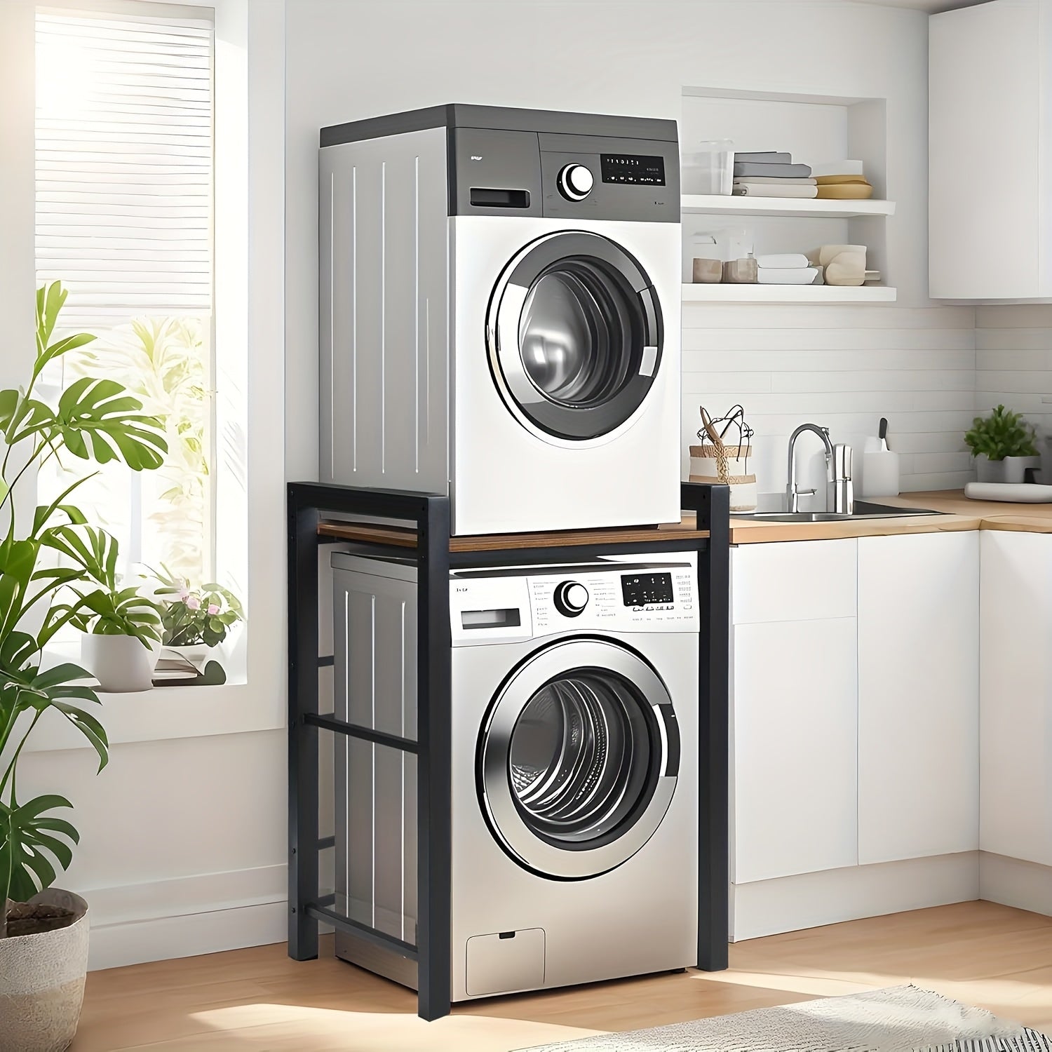 Estante Apilable para Lavadora y Secadora, Soporte de Acero Resistente para Almacenamiento, Estante para Lavadora, Ahorro de Espacio Sobre la Lavadora y la Secadora, Capacidad de Carga 350Kg, para Baño, Lavandería, Estante de Pie variant im