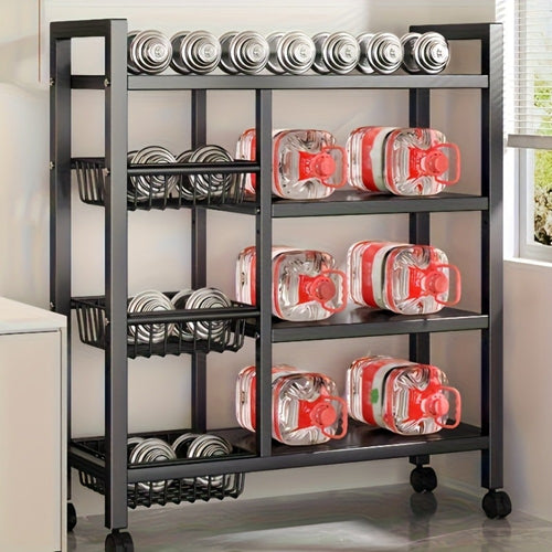 Estante de almacenamiento de metal dorado ajustable de 4 niveles con ruedas y 3 cestas - Estante organizador móvil para cocina, despensa, baño, armario - Diseño rodante para ahorrar espacio, regalo de inauguración y almacenamiento del hogar