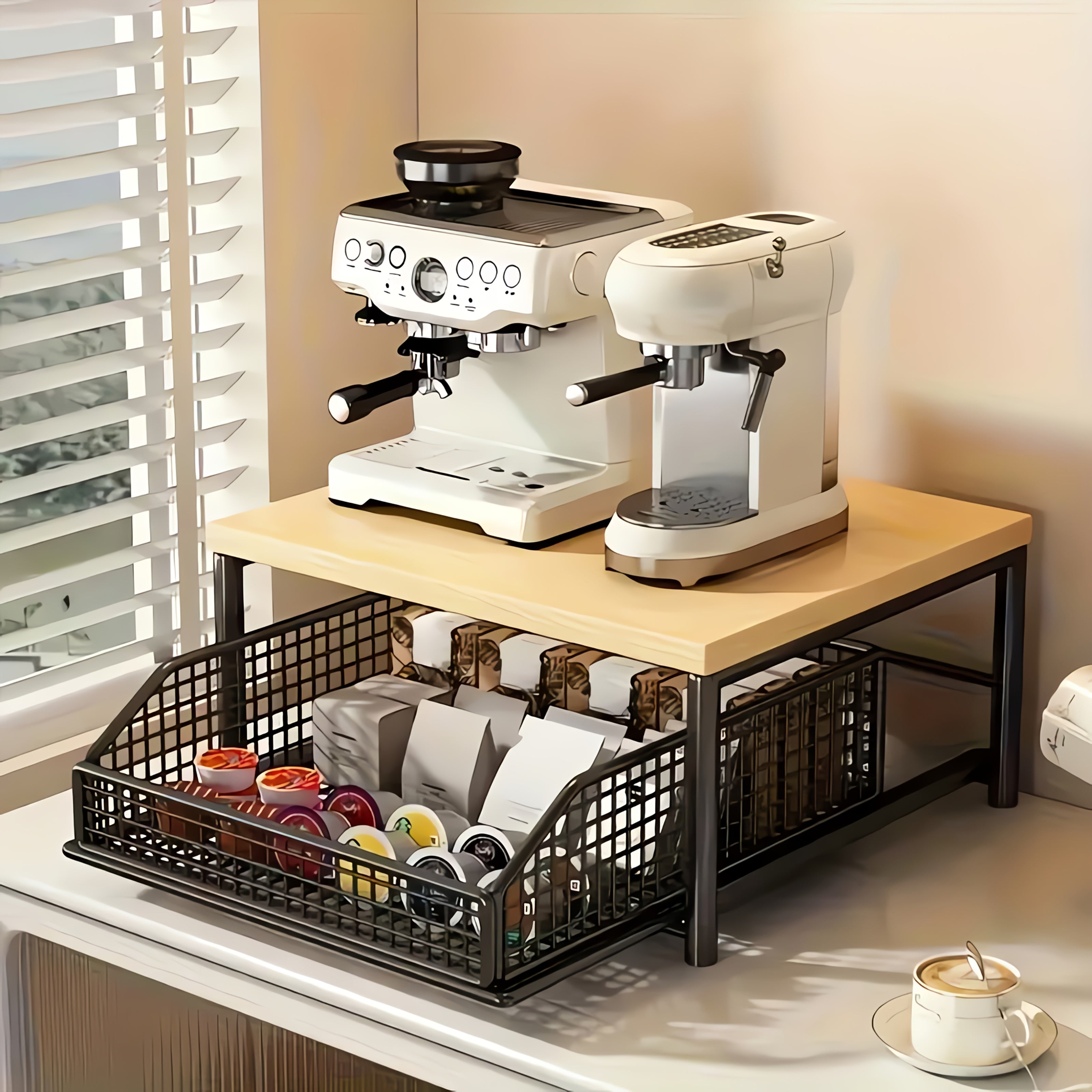 Estante de almacenamiento para cápsulas de café con cajones - Apto para cafeteras, estante deslizante para olla arrocera eléctrica, estante deslizante para microondas, almacenamiento metálico tipo cajón para microondas, almacenamiento y org