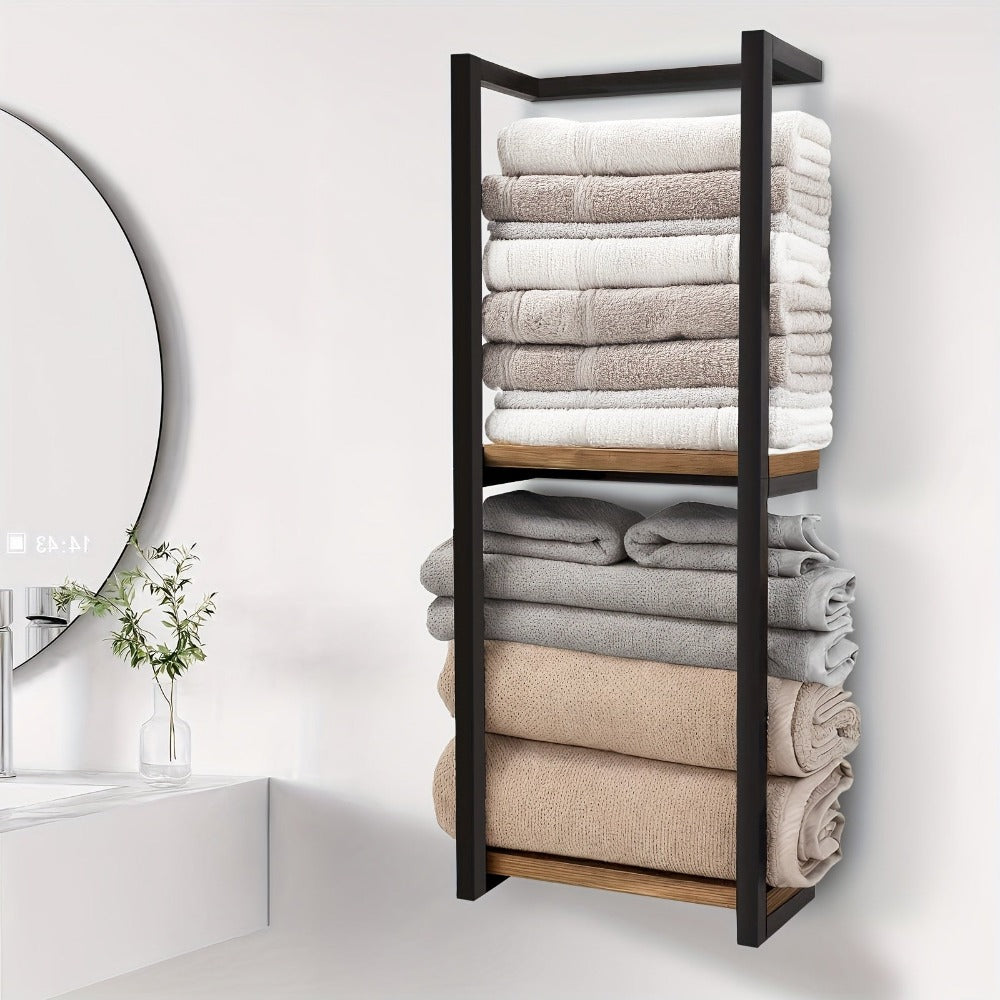 Estante de baño de pared de diseñador - Estante de almacenamiento de madera estilo rústico francés con estantes de madera duradera y estructura de acero, organizador de pared para toallas y artículos de aseo apto para baños modernos, spas