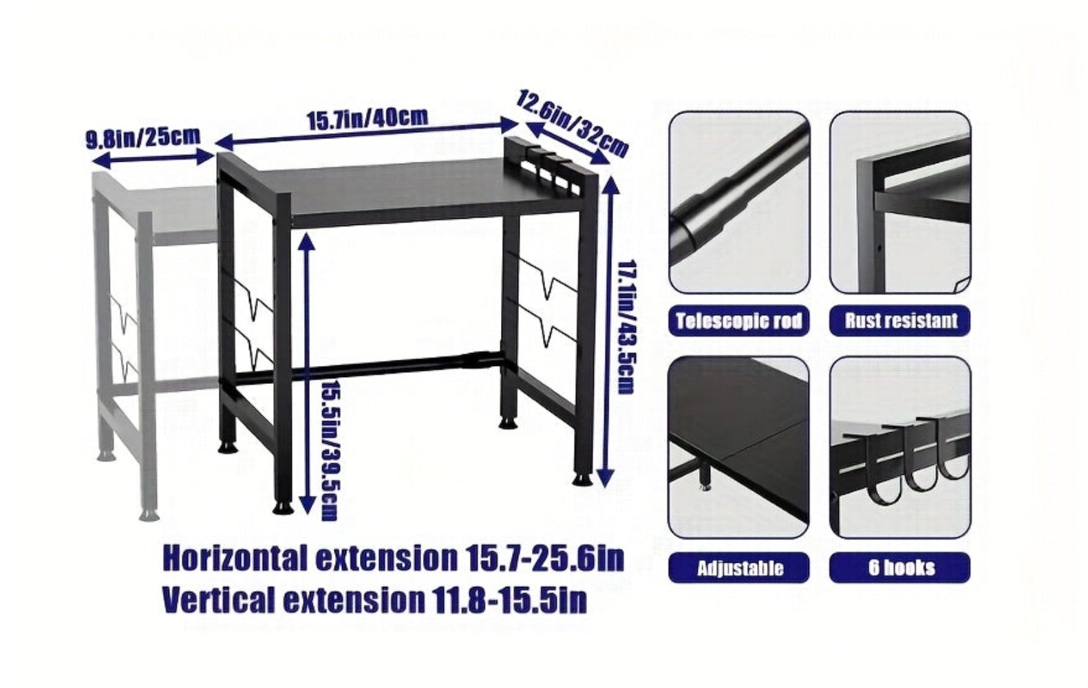 Estante de Cocina de 2 Niveles (Negro), Soporte de Encimera para Microondas, Estante de Cocina para Horno, Almacenamiento de Cocina, Extensible de 40 - 65 Cm, con 6 Ganchos, Crea un Espacio de Cocina Ordenado, Estante de Pie, Estante de Pie