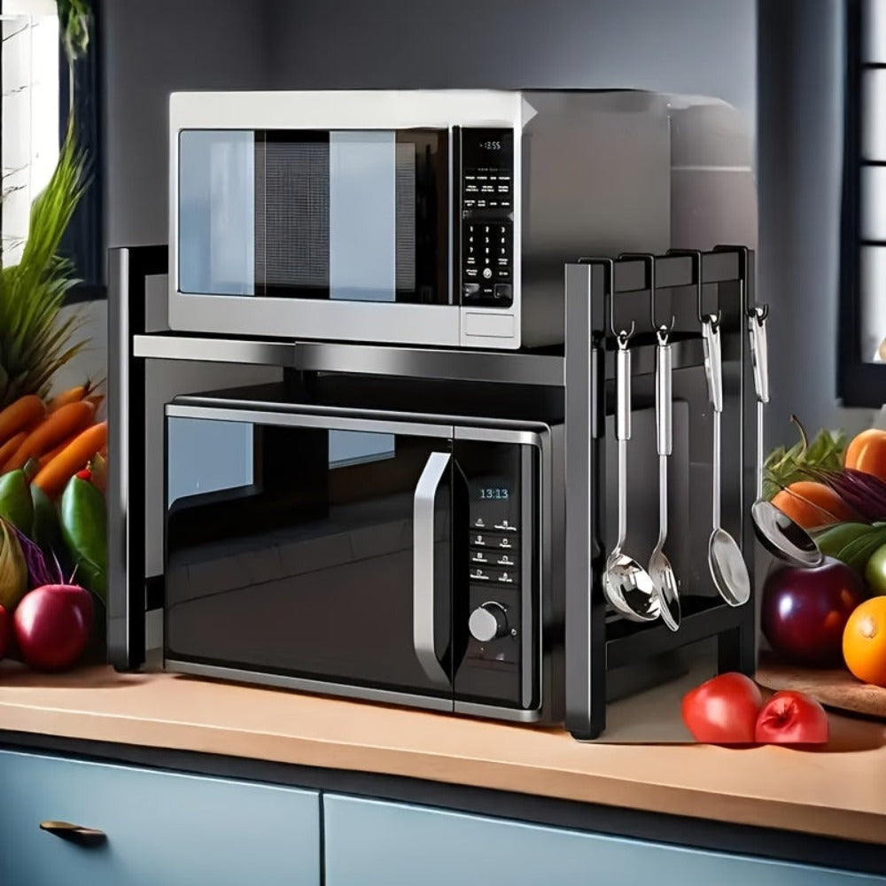 Estante de Cocina de 2 Niveles (Negro), Soporte de Encimera para Microondas, Estante de Cocina para Horno, Almacenamiento de Cocina, Extensible de 40 - 65 Cm, con 6 Ganchos, Crea un Espacio de Cocina Ordenado, Estante de Pie, Estante de Pie