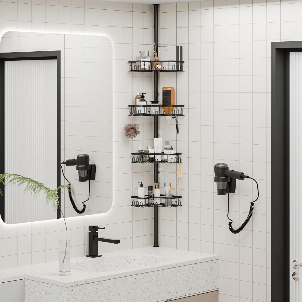 Estante de ducha telescópico sin taladrar, estante de esquina de ducha ajustable en altura con 4 baldas, estante de esquina para bañera y cocina, soporte para champú, acero inoxidable (82-296 cm) product image