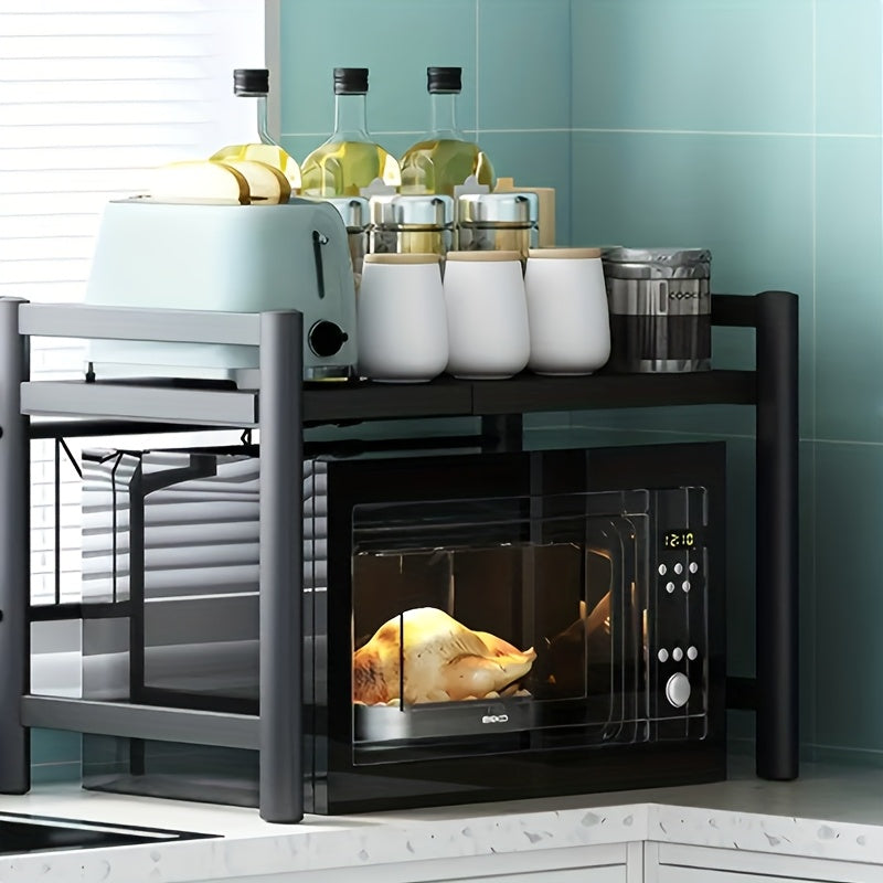 Estante de microondas ajustable y expandible - Estante de encimera de acero al carbono resistente para almacenamiento de cocina, utensilios y organizador de vajilla, ancho ajustable de 40-64 cm, altura ajustable de 32-2 cm - Diseño que ahor