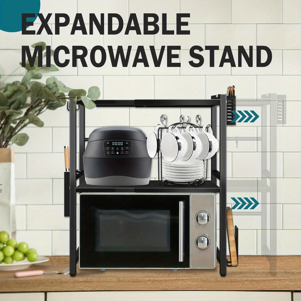 Estante de microondas expandible de 3 niveles, con 4 ganchos, ancho y altura ajustables, organizador de encimera de cocina, estantes de almacenamiento para ollas, sartenes y parrillas, ancho 40-64cm, negro, estante de pie detail image - det