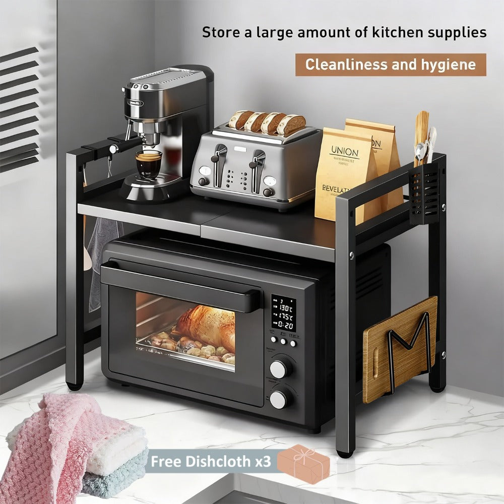 Estante de microondas extensible, estante de microondas de 2 niveles con 3 toallas, 5 ganchos, soporte para palillos y estante para tabla de cortar, organizador de cocina, estante para hornear en microondas, encimera, extensible de 40-64 cm