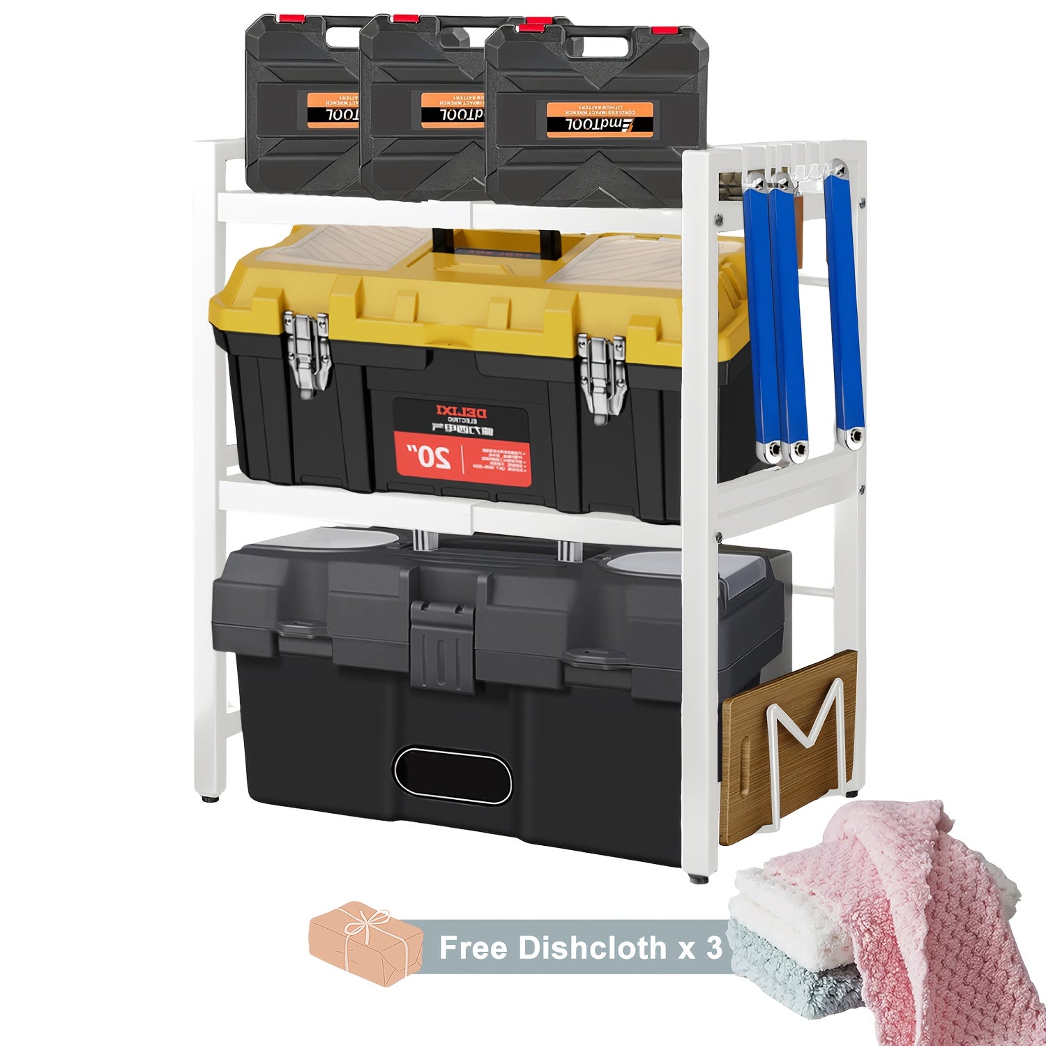 Estante de Trabajo Expandible de 3 Niveles con 6 Ganchos y 3 Portatoallas; Estante de Almacenamiento para Garaje, Cocina o Armario; Se Extiende de 40 cm a 64 cm; Ideal para Garajes y Cocinas (Blanco, ) variant image - product view 8