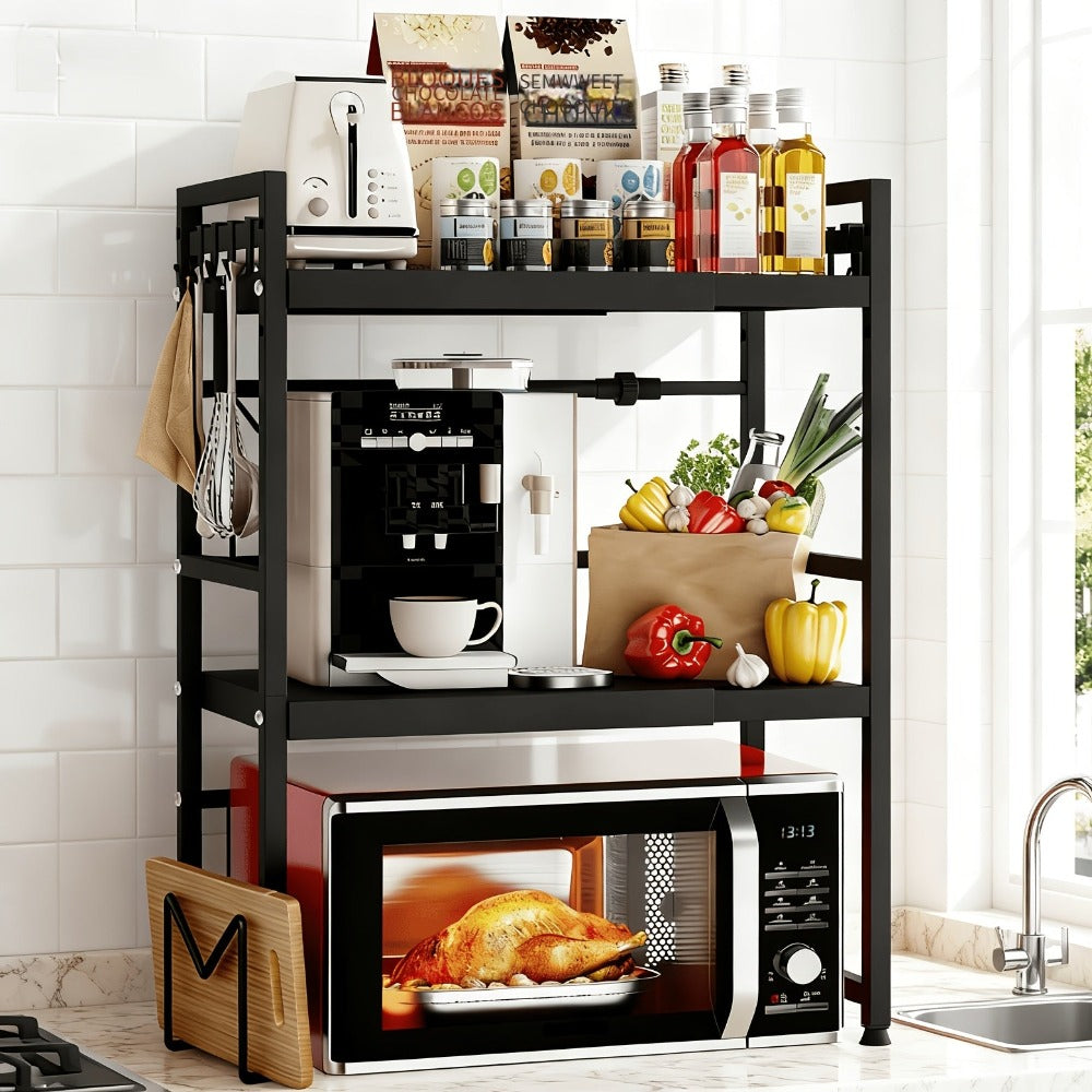 Estante Extensible de 3 Niveles para Microondas, Ancho Ajustable (40cm-64cm), Altura Ajustable, con 6 Ganchos y Soporte para Tabla de Cortar. Estante para Freidora de Aire, Estante para Microondas, Organizador de Cocina, Organizador de Enci