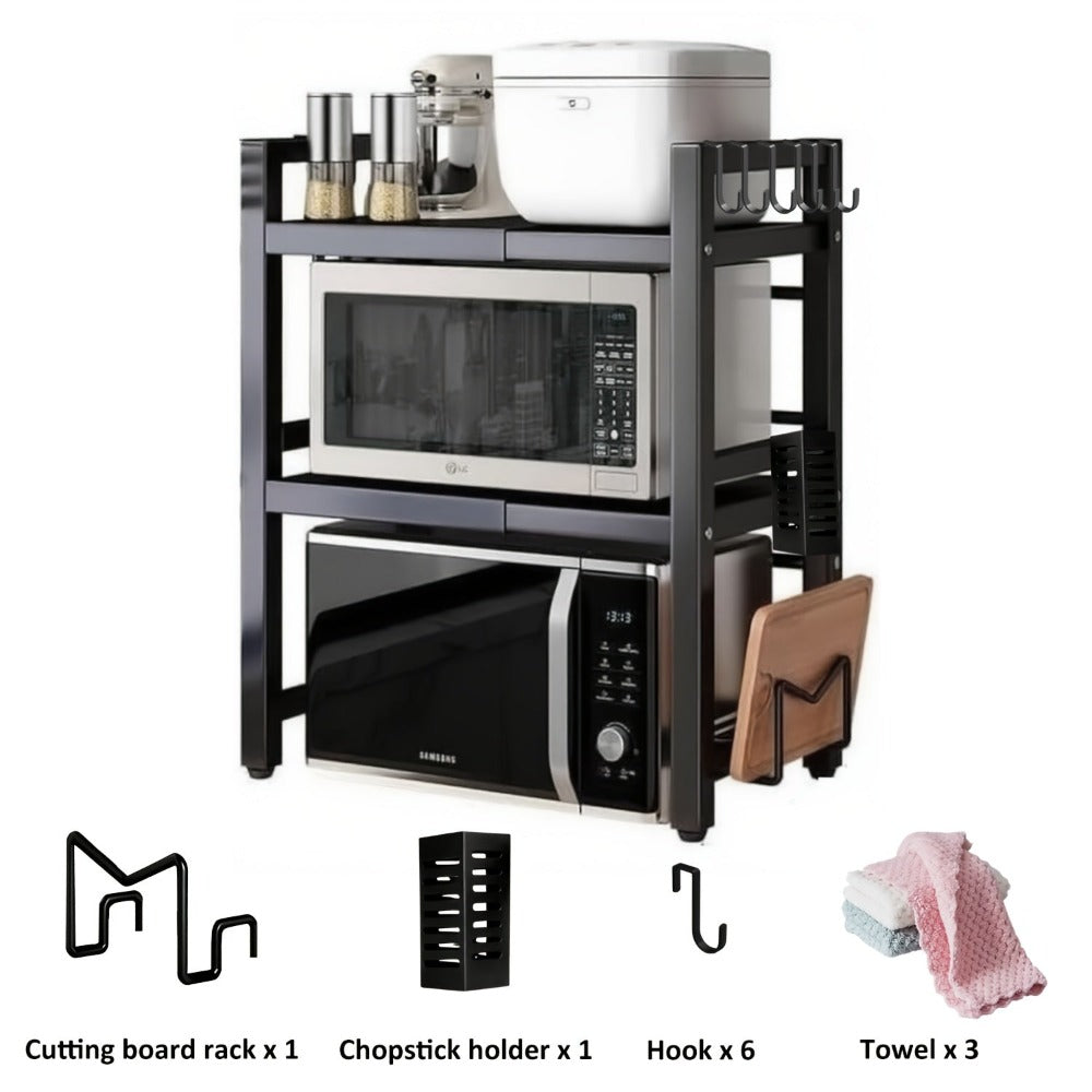 Estante Extensible para Microondas de 3 Niveles con 6 Ganchos, 3 Toallas, Porta Palillos, Porta Tablas de Cortar, Estante para Especias, Organizador de Cocina, Blanco y , Extensible de 40cm a 64cm detail image - detail view 3