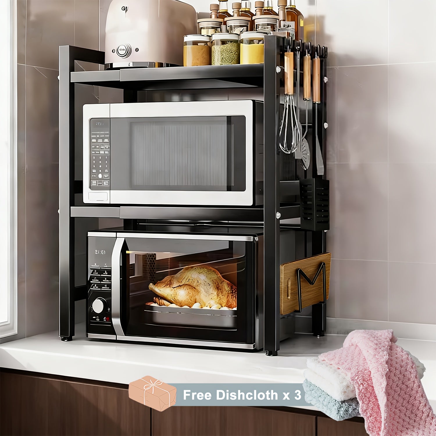 Estante Extensible para Microondas de 3 Niveles con 6 Ganchos, 3 Toallas, Porta Palillos, Porta Tablas de Cortar, Estante para Especias, Organizador de Cocina, Blanco y , Extensible de 40cm a 64cm variant image - product view 12