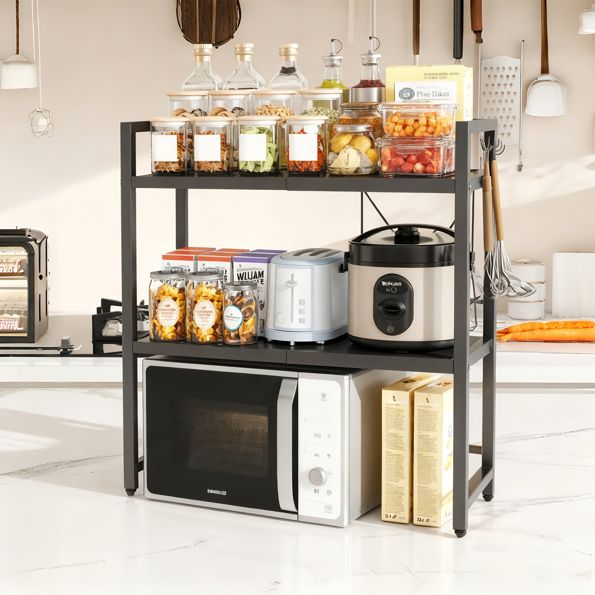 Estante Multifuncional para Microondas de Tres Niveles/Doble Nivel, Organizador de Encimera Ajustable, Soporte para Ollas y Microondas, Extensible y Retráctil, Almacenamiento para Cocina variant image - product view 15