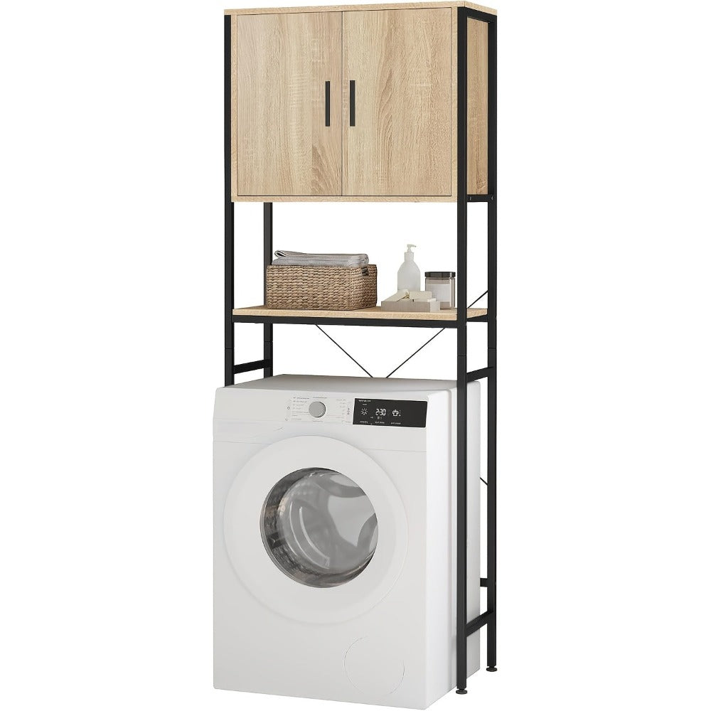 Estantería de baño de 1 pieza, gabinete para lavadora, estante para lavadora sobre inodoro, estante para inodoro con gabinete y estante ajustable, estantería de baño de madera y metal, 64.5 x 170 x 27 cm, estantes detail image - detail view