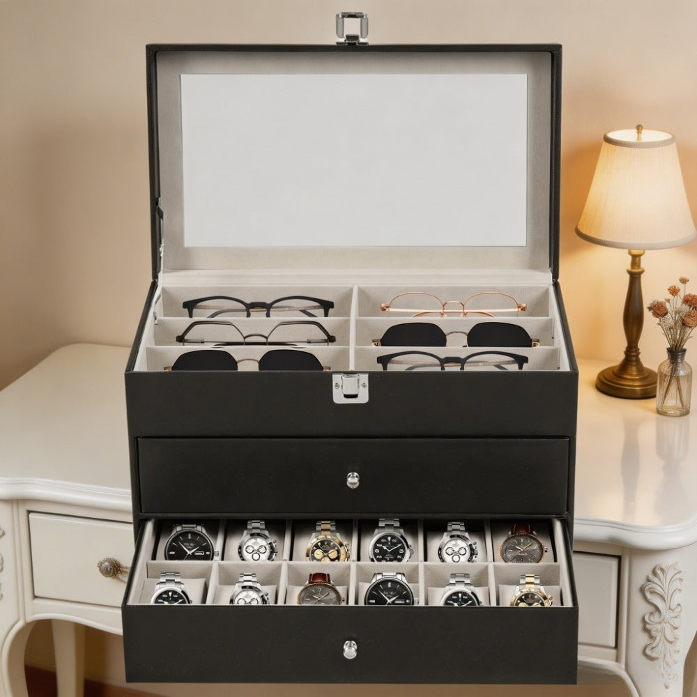 Estuche organizador de 3 capas y 24 ranuras para gafas de moda y relojes para mujer y hombre - Portagafas de exhibición y almacenamiento de múltiples gafas de moda con cajón, tapa de cristal y lazo para exteriores detail image - detail view
