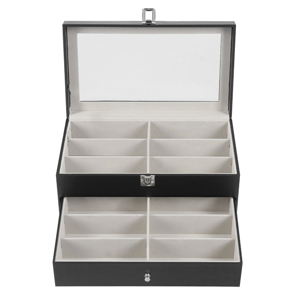 Estuche organizador de 3 capas y 24 ranuras para gafas de moda y relojes para mujer y hombre - Portagafas de exhibición y almacenamiento de múltiples gafas de moda con cajón, tapa de cristal y lazo para exteriores detail image - detail view
