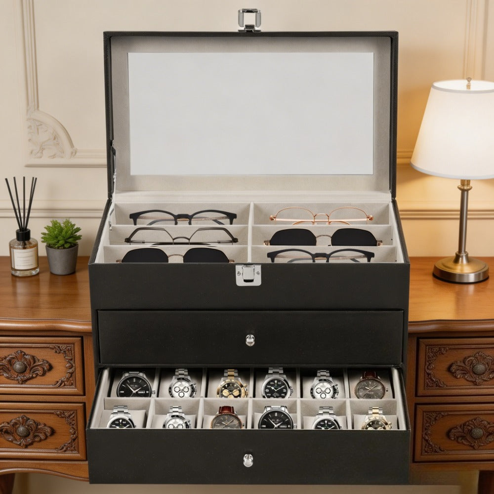 Estuche organizador de 3 capas y 24 ranuras para gafas de moda y relojes para mujer y hombre - Portagafas de exhibición y almacenamiento de múltiples gafas de moda con cajón, tapa de cristal y lazo para exteriores variant image