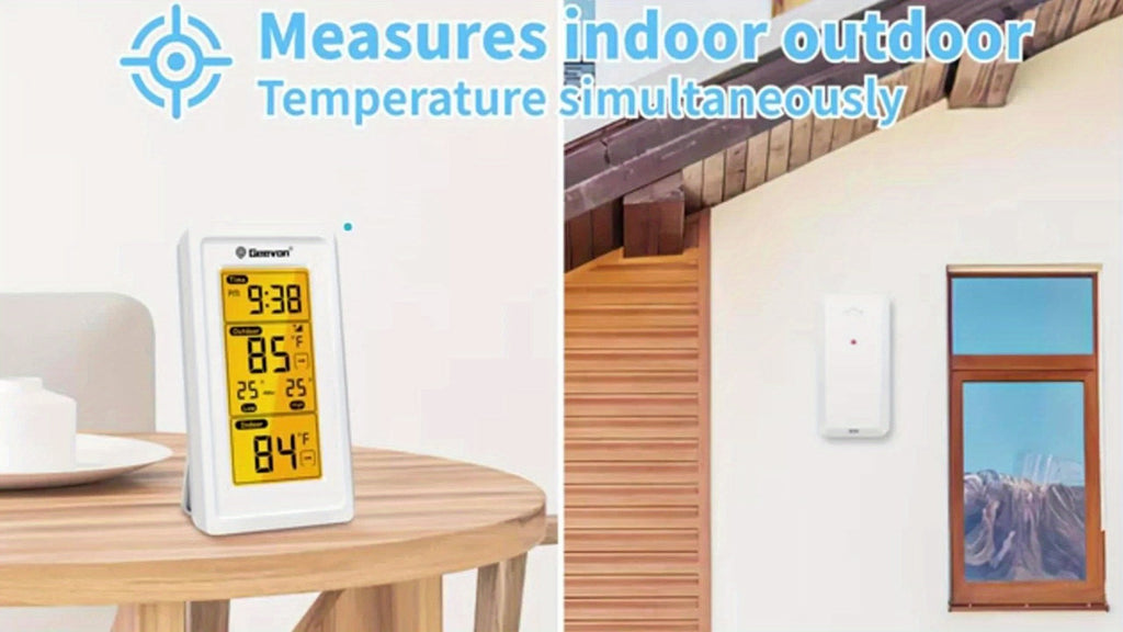 1 pieza GEEVON Medidor de temperatura sin varillas digital para interior y exterior con hora, máxima, mínima, monitor de temperatura con medición de 200 pies/60 m, medidor de temperatura ambiente sin batería, servidor sin función de transmisión