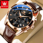 OLEVS Reloj para Hombre Clásico Cronógrafo Cuero Marrón Caja Dorada Analógico Cuarzo Moda Negocios Vestir Cara Grande Reloj de Hombre Día Fecha Luminoso Casual Reloj de Pulsera Masculino Regalos Románticos Relojes De Hombre Azul/Negro/Blanco/Marrón Esfera