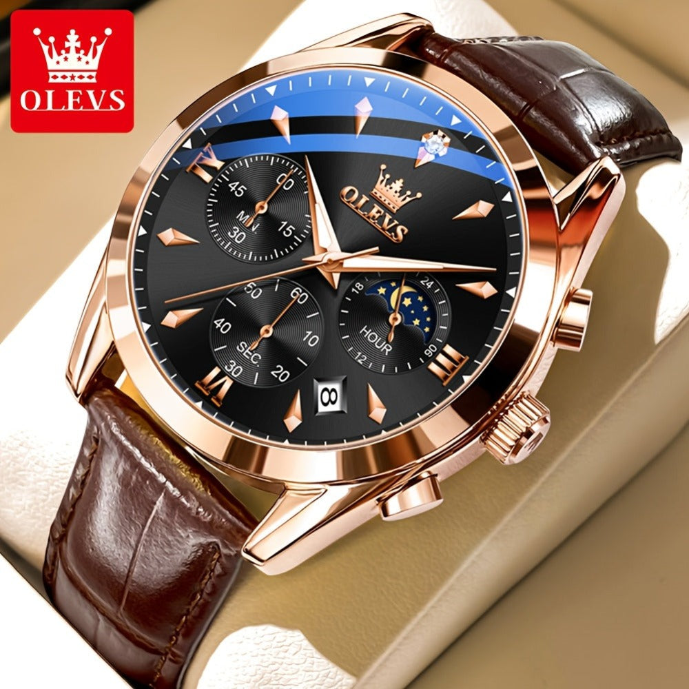 OLEVS Reloj para Hombre Clásico Cronógrafo Cuero Marrón Caja Dorada Analógico Cuarzo Moda Negocios Vestir Cara Grande Reloj de Hombre Día Fecha Luminoso Casual Reloj de Pulsera Masculino Regalos Románticos Relojes De Hombre Azul/Negro/Blanco/Marrón Esfera