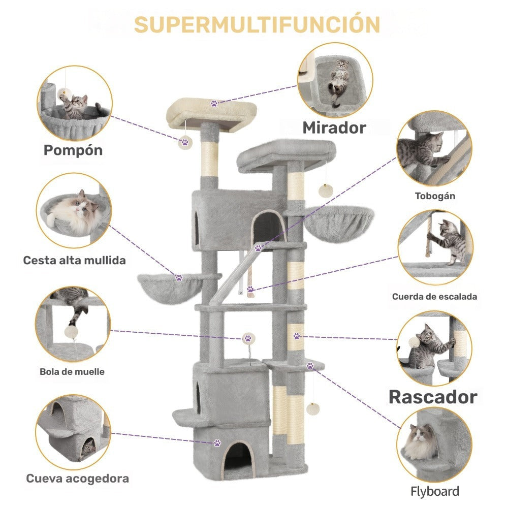 Árbol para Gatos de 185 cm, Torre Grande para Gatos de Interior, Mueble para Gatos con 2 Plataformas, 3 Condominios, 6 Postes para Rascar, 2 Cestas, Pompones y Cojín Lavable