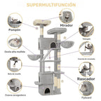 Árbol para Gatos de 185 cm, Torre Grande para Gatos de Interior, Mueble para Gatos con 2 Plataformas, 3 Condominios, 6 Postes para Rascar, 2 Cestas, Pompones y Cojín Lavable