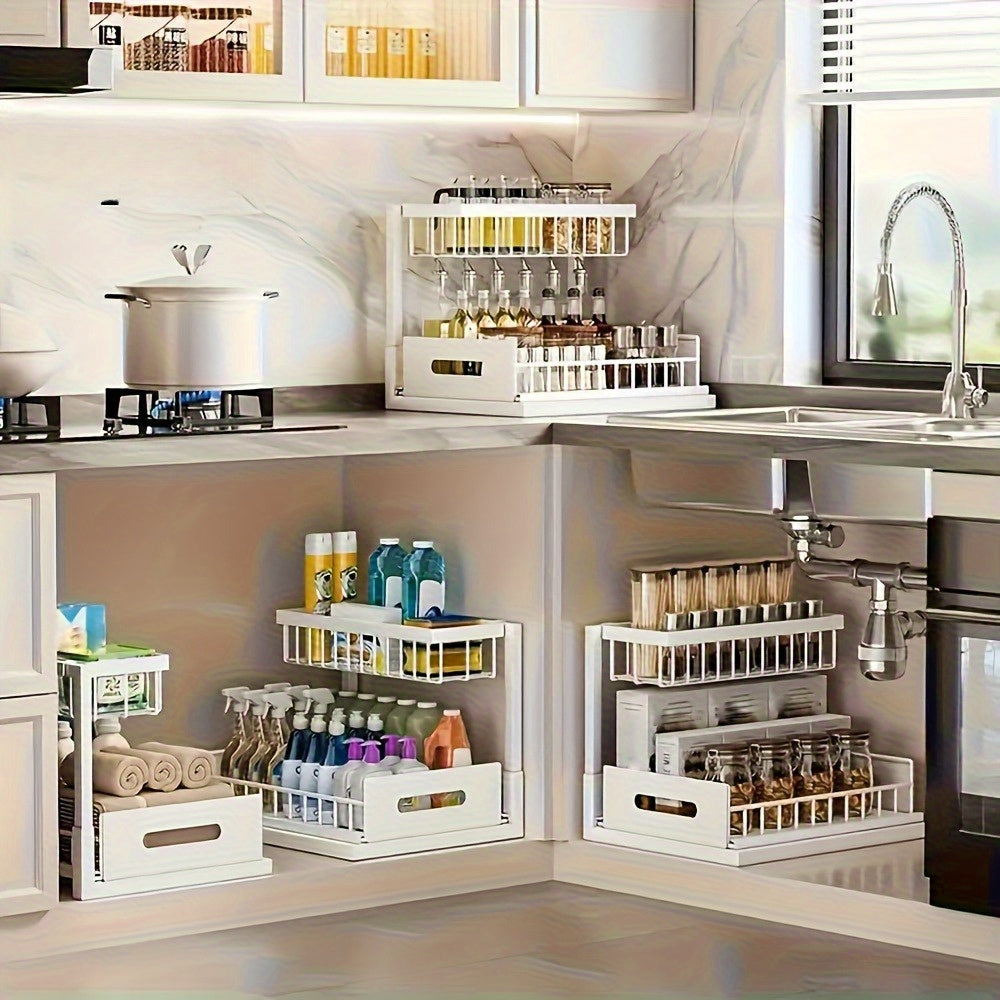 1 estante ajustable para debajo del fregadero, un estante extraíble de metal diseñado para ahorrar espacio con un organizador de doble capa para gabinetes de cocina, perfecto para organizar y despejar tu área de fregadero. Este estante de cocina moderno c