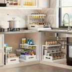 1 estante ajustable para debajo del fregadero, un estante extraíble de metal diseñado para ahorrar espacio con un organizador de doble capa para gabinetes de cocina, perfecto para organizar y despejar tu área de fregadero. Este estante de cocina moderno c