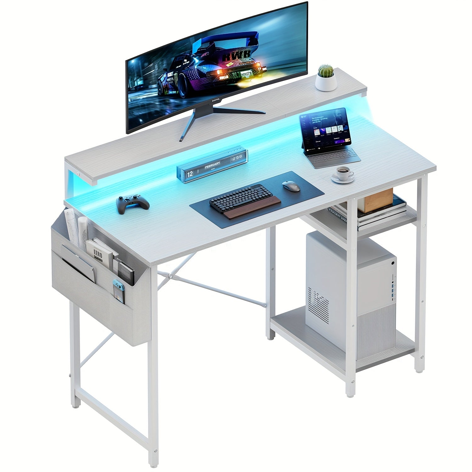Escritorio FRODROVIA con Luz LED y Estante Ajustable en Altura, Escritorio para Oficina en Casa con Soporte para Monitor, Escritorio de Esquina con Bolsa de Almacenamiento Grande para Oficina en Casa, Estudio, Regalos de Navidad/Acción de Gracias