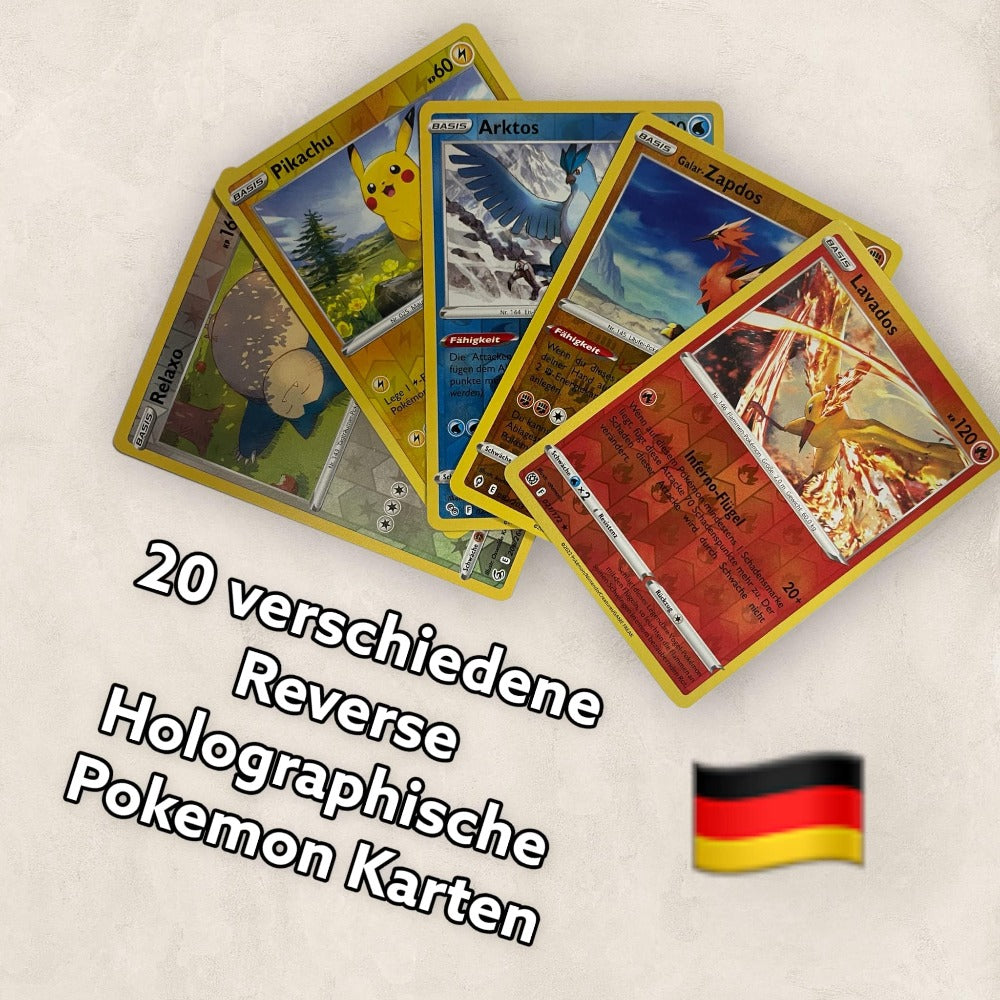 20 Cartas Originales de Pokémon Reverse Holo Brillante, Cartas Raras de Pokémon Alemanas Holográficas Reverse de Varios Conjuntos Actuales + Protección de Envío Heartforcards®
