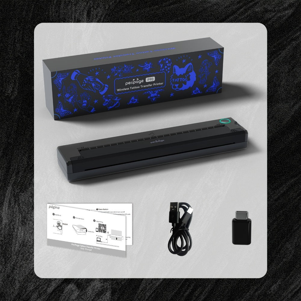 Impresora inalámbrica P90 de plantillas para tatuajes, máquina de tatuaje térmica con papel de plantillas, kit de impresora de tatuajes portátil compatible con teléfono, tableta y PC