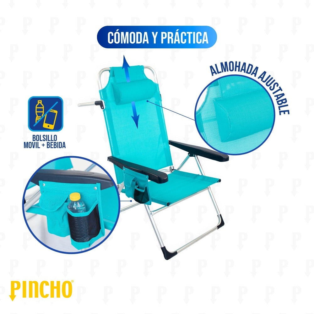 Silla Playa Plegable, Sillon Alto con Cojín, Reclinable, Altura del Asiento 29,5 cm, Asa de Transporte, Bolsillo para Movil y Bebida Textileno Resistente, Jardin, Camping, Hamaca