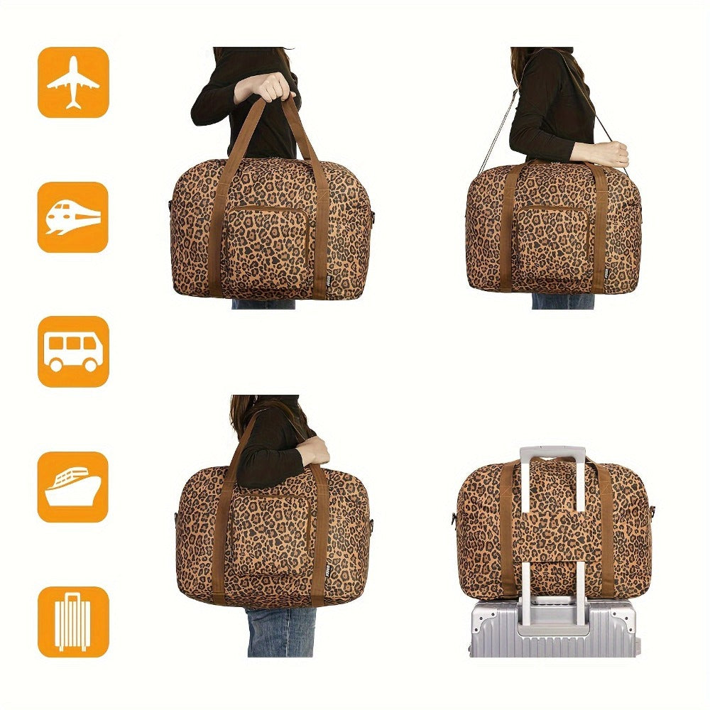 Imprescindible para viajes 2025: Bolso Duffel plegable aprobado por aerolíneas (18X14X8) con diseño de leopardo, equipaje de mano Tsa para hombres y mujeres, perfecto para escapadas de fin de semana