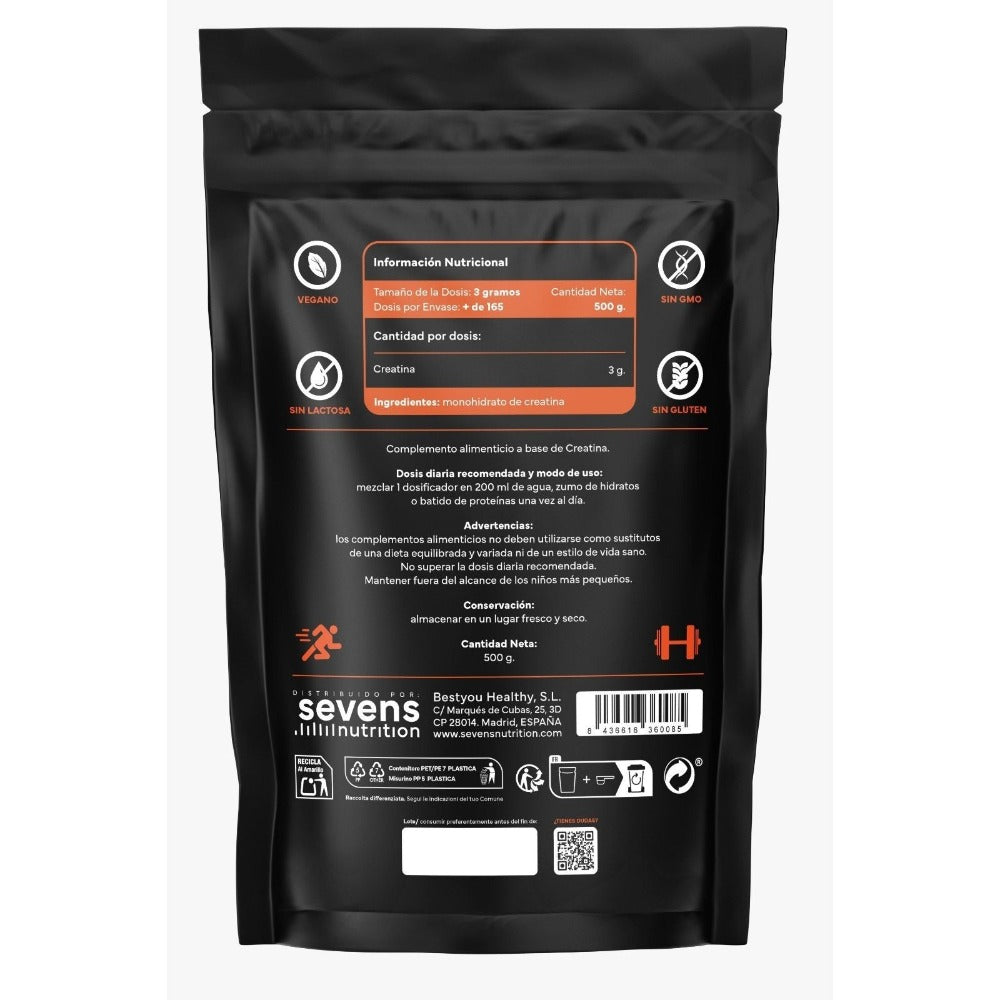 Pack 2x Creatina Monohidratada en Polvo Sin Sabor – 1000 g Totales – Creatina Micronizada 100 % Pura – Vegana y Sin Gluten – Sevens Nutrition