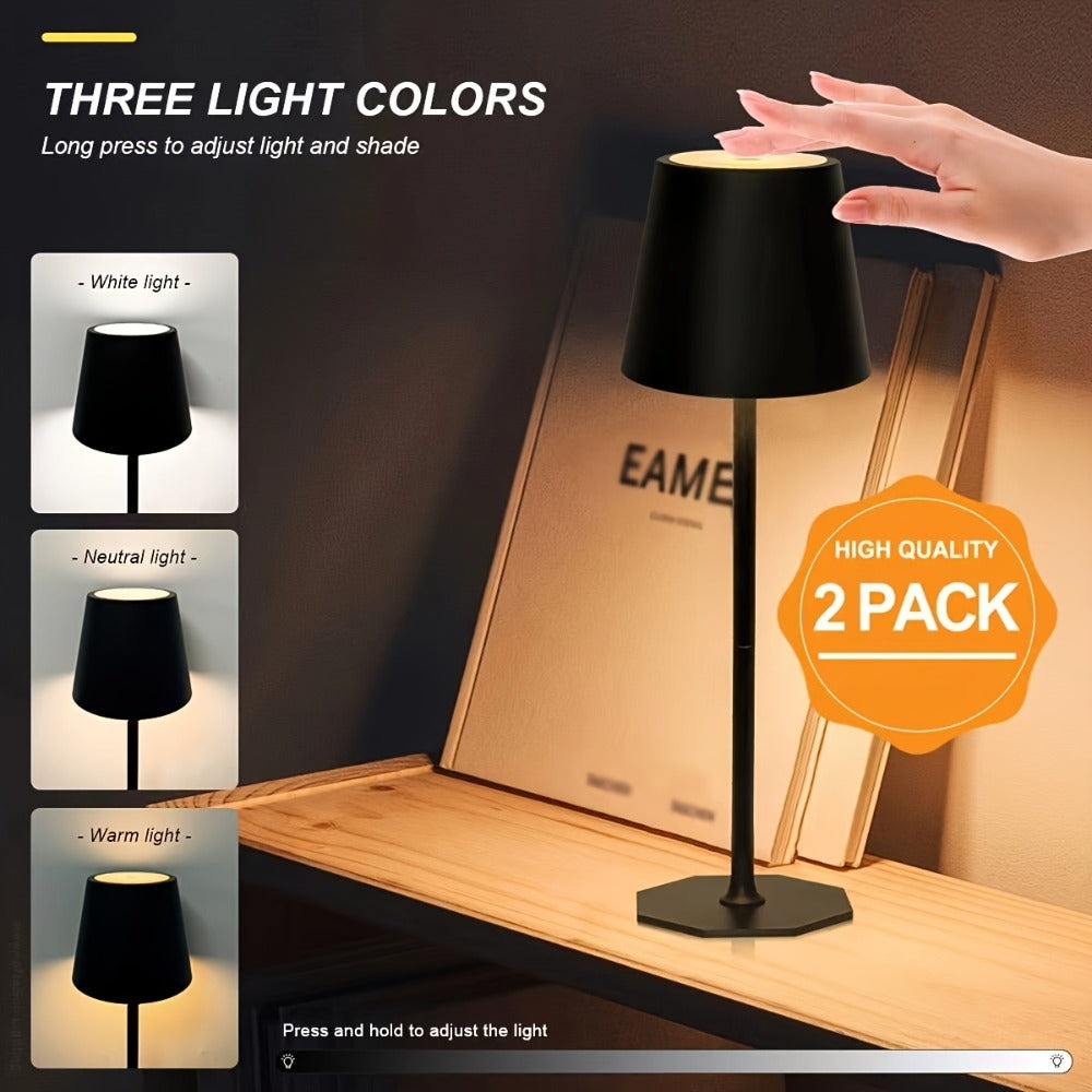 Lámpara de escritorio inalámbrica, paquete de 2, lámpara LED portátil, alimentada por interfaz USB, con función de atenuación ajustable de 3 colores, adecuada para restaurantes, dormitorios/bares, fiestas al aire libre/camping/luces nocturnas de cafetería