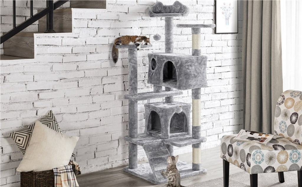 Costoffs Poste para Rascar de Gatos de 138 cm, Árbol Resistente con Pelota de Juego y Cueva para Gatos, Torre de Rascado y Escalada para Gatos, Casa para Gatos
