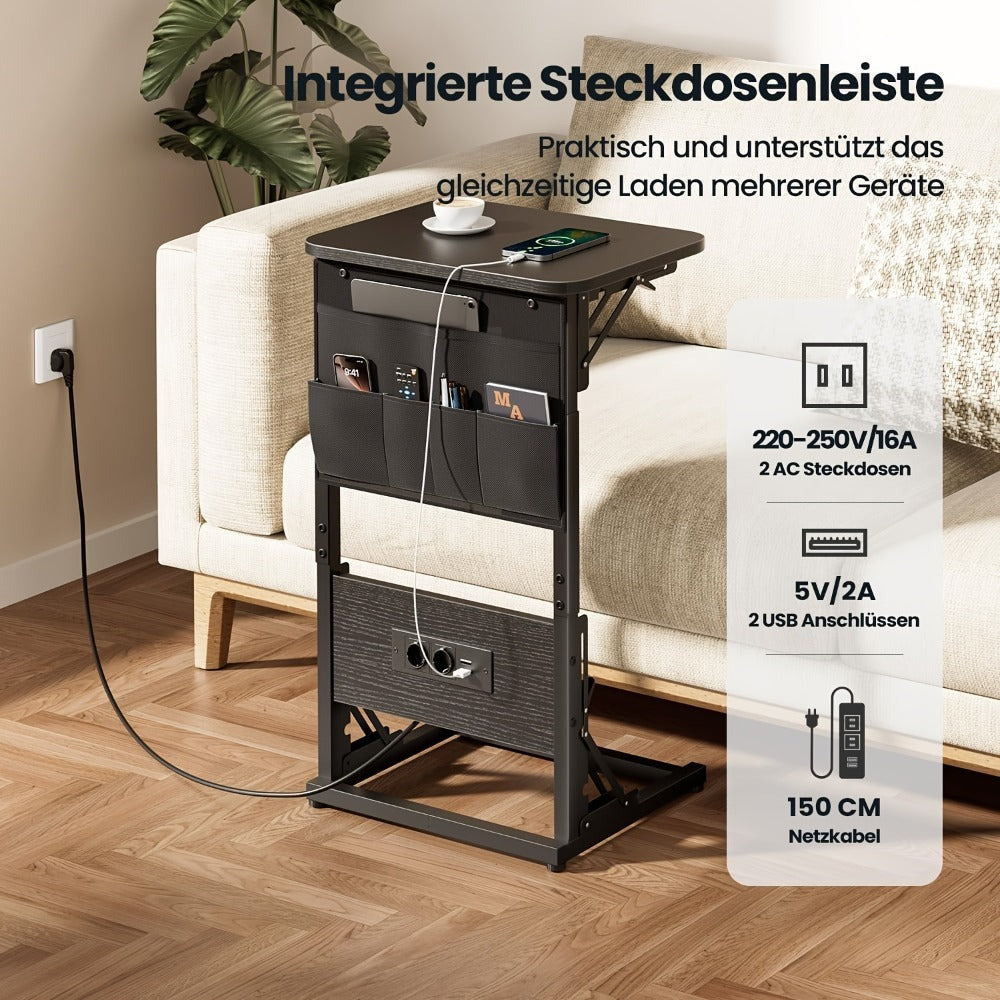 Mesa Auxiliar en Forma de C con Estación de Carga - Mesa Auxiliar Compacta para Sofá, Altura Ajustable de 3 Niveles (66-72Cm/25.9-28.3In), Mesa de Noche Plegable con Bolsillos de Almacenamiento para Espacios Pequeños, Dormitorio, Sala de Estar
